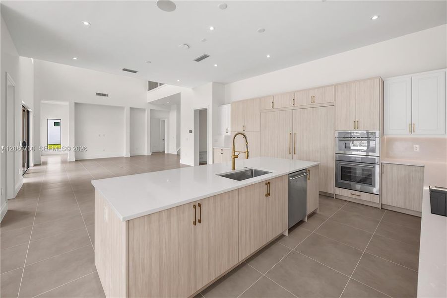 Kitchen island with integrated sink, stainless steel dishwasher, and white countertop