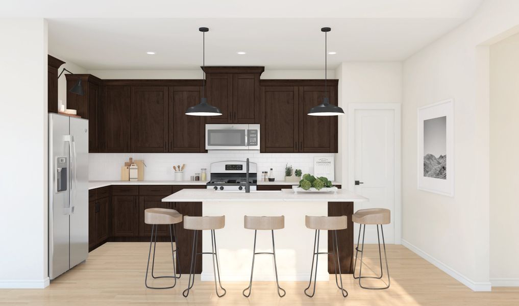 Kitchen with matte black pendant lights