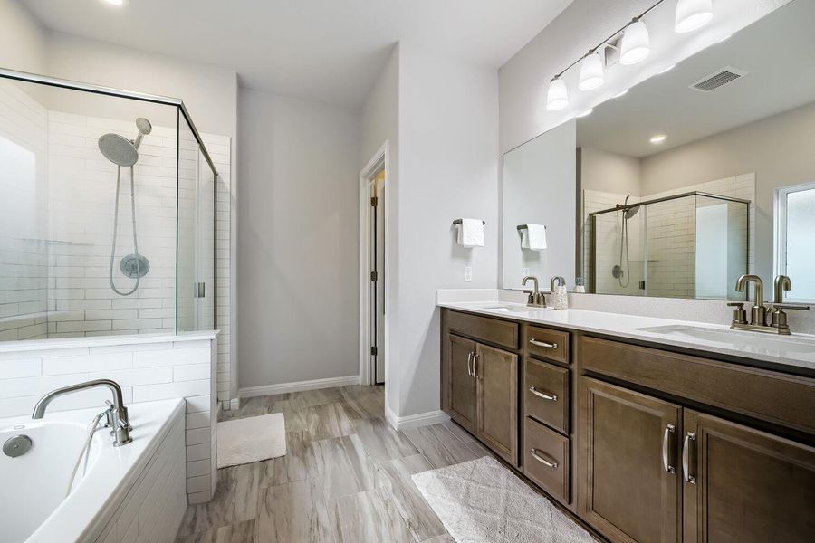 Master bathroom featuring a dual vanity with undermount sinks, wood-finish cabinetry.