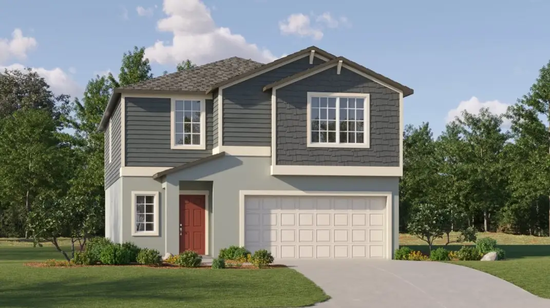 A covered entryway and horizontal lap siding define this inviting exterior