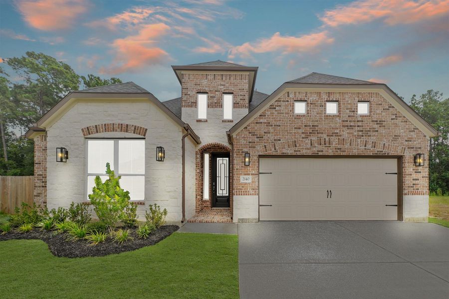 Front exterior of a new home in Barton Creek Ranch, Conroe, TX, highlighting curb appeal (Image 2). Front exterior of a new home in Barton Creek Ranch, Conroe, TX, highlighting curb appeal (Image 2).