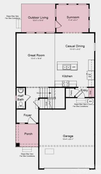 First Floor Plan - Additional Highlights Include: Sunroom, primary bath fiberglass shower pan, covered outdoor living, windows in the primary bath, and half bath, and whole house blinds First Floor Plan - Additional Highlights Include: Sunroom, primary bath fiberglass shower pan, covered outdoor living, windows in the primary bath, and half bath, and whole house blinds