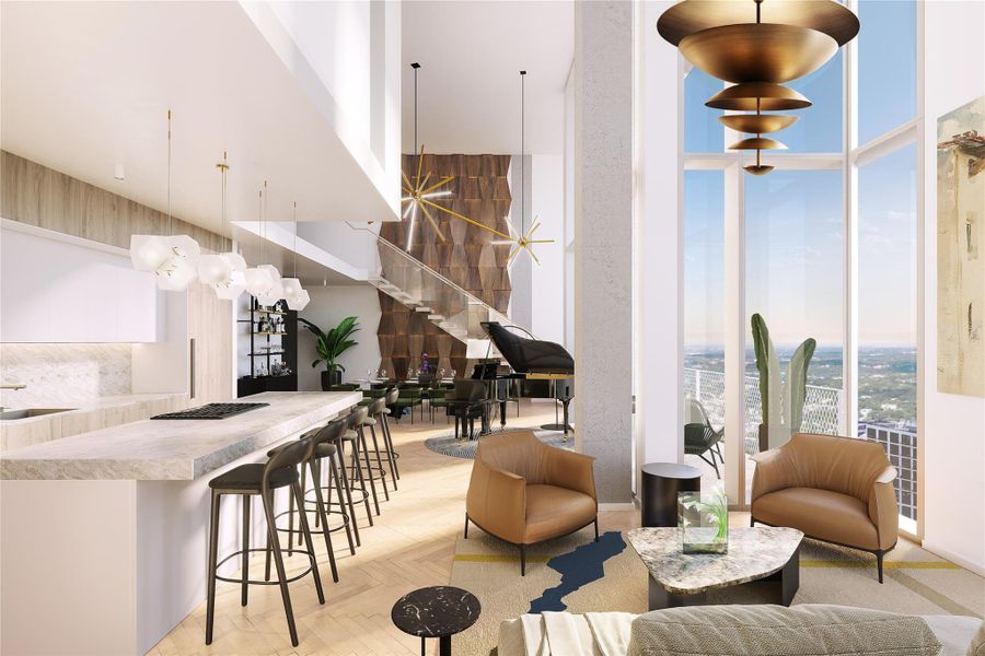 Modern elegance meets breathtaking views in this light-filled living space. Floor-to-ceiling windows frame the stunning Texas Hill Country and UT campus, while the open-concept design seamlessly connects the living, dining and kitchen areas including Gaggenau appliances. Neutral tones, sleek finishes, and contemporary furnishings create a sophisticated yet inviting ambiance.(Rendering of PH #2703, inquire for more details of available penthouse units including PH #2702.) Modern elegance meets breathtaking views in this light-filled living space. Floor-to-ceiling windows frame the stunning Texas Hill Country and UT campus, while the open-concept design seamlessly connects the living, dining and kitchen areas including Gaggenau appliances. Neutral tones, sleek finishes, and contemporary furnishings create a sophisticated yet inviting ambiance.(Rendering of PH #2703, inquire for more details of available penthouse units including PH #2702.)