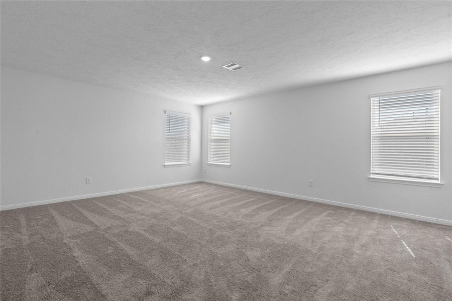 Come and unwind after a long day in this magnificent and spacious primary suite! This room features plush carpet, neutral paint, high ceiling, and large windows fitted with blinds.