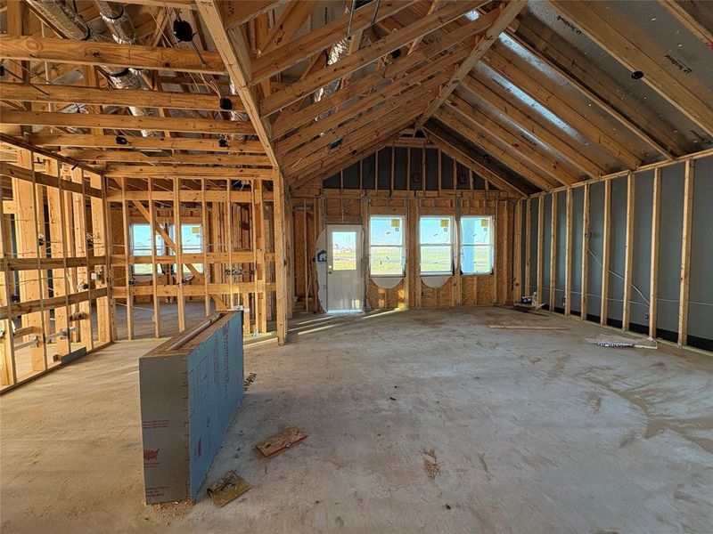 View of kitchen, great room, and dining area - still under construction!