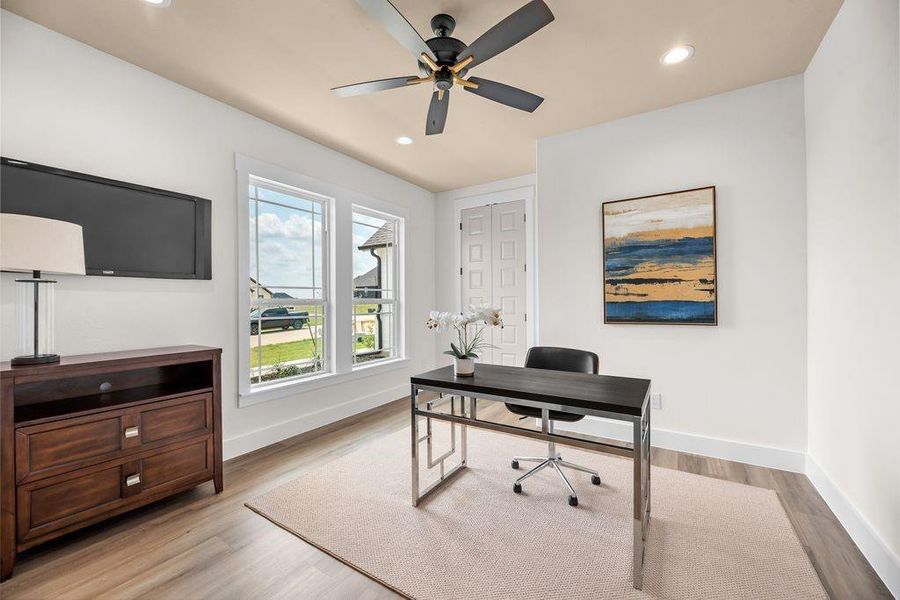 Office area with recessed lighting, light wood-style flooring, and ceiling fan Office area with recessed lighting, light wood-style flooring, and ceiling fan