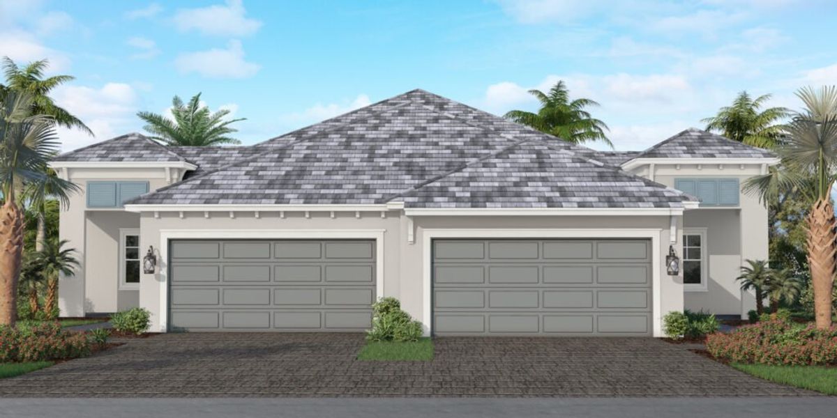 Front exterior of a new home in Windward, Lakewood Ranch, FL, highlighting curb appeal (Image 1). Front exterior of a new home in Windward, Lakewood Ranch, FL, highlighting curb appeal (Image 1).