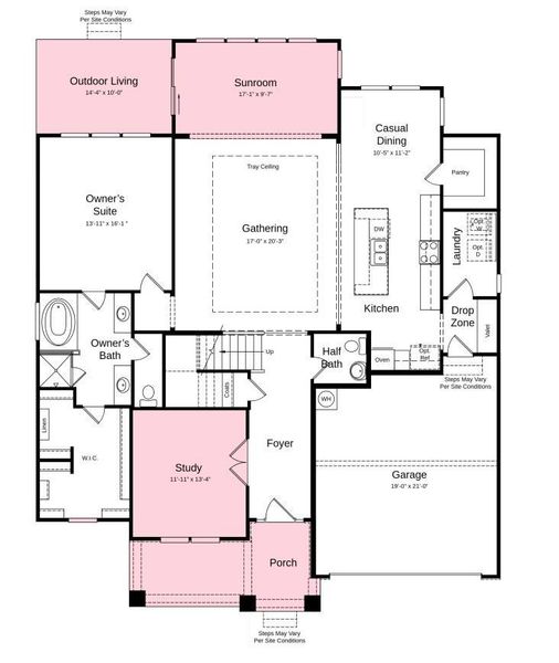 Structural options include: tray ceiling in gathering room, study in place of flex, sunroom, and laundry room sink.