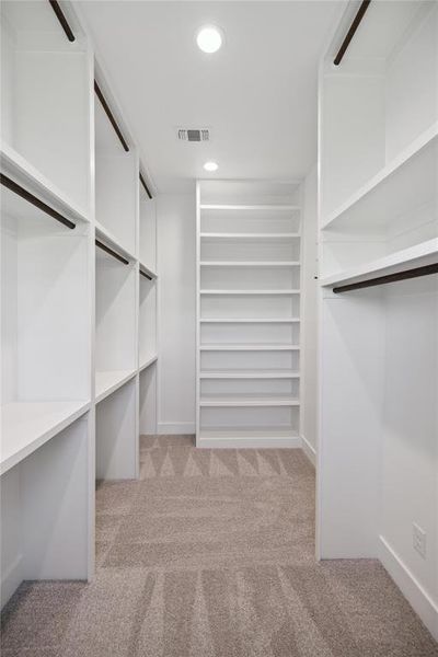 Spacious closet with light colored carpet