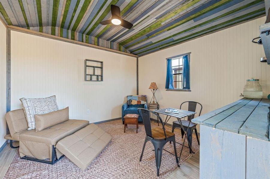 View of patio with ceiling fan and outdoor shed creative space.