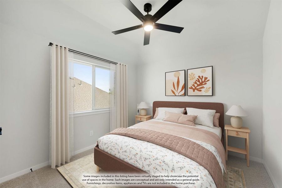 Bedroom with vaulted ceiling, black ceiling fan, carpet flooring, and a large window with white curtains Bedroom with vaulted ceiling, black ceiling fan, carpet flooring, and a large window with white curtains