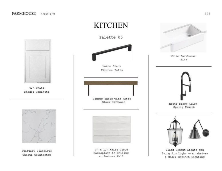 Farmhouse Look Palette 5: Kitchen Selection Sheet (*Artist rendering used for illustration purposes only.)