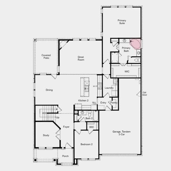 First Floor Plan - Additional Highlights Include: Media room and drop-in corner tub at primary bath First Floor Plan - Additional Highlights Include: Media room and drop-in corner tub at primary bath