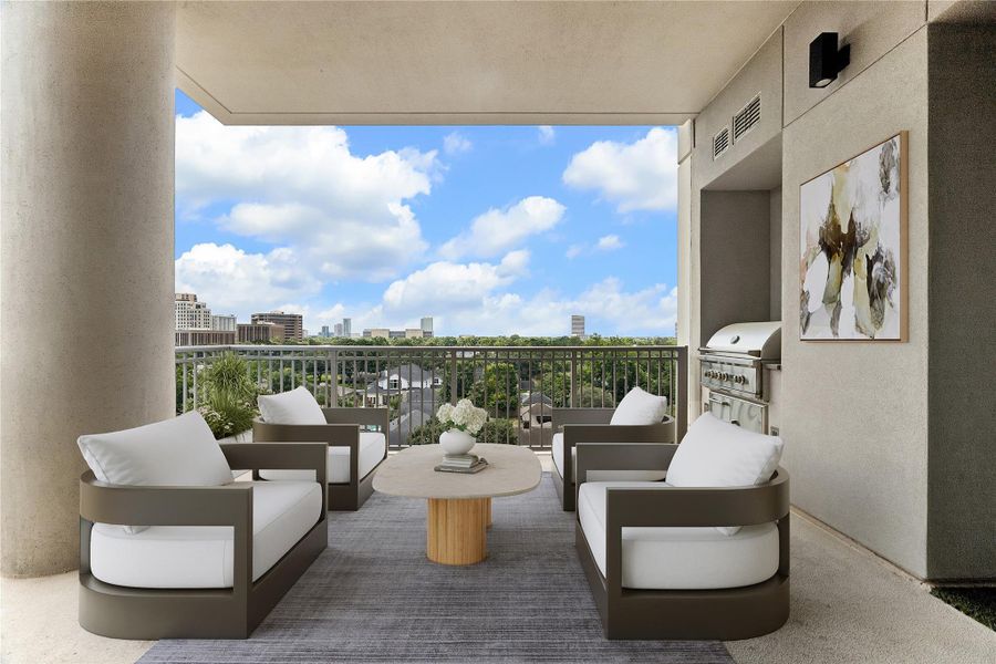 Corner unit with the large outdoor terrace, built-in gas grill, outdoor lighting and spectacular South/East views. Photo is virtually staged.