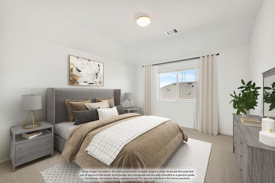 Bedroom with queen bed, gray upholstered headboard, carpet flooring, and a window with white curtains