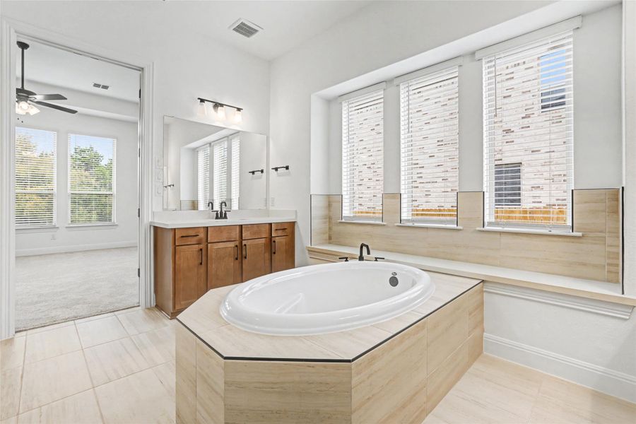 Full bathroom featuring vanity, a garden tub, a ceiling fan, and healthy amount of natural light