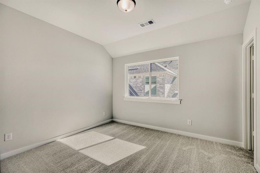 Unfurnished room featuring carpet and vaulted ceiling