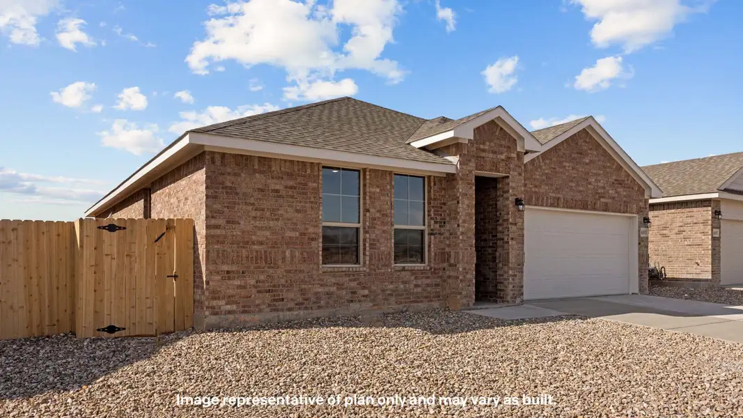Front exterior of a new home in Mustang Ridge, Andrews, TX, highlighting curb appeal (Image 2).