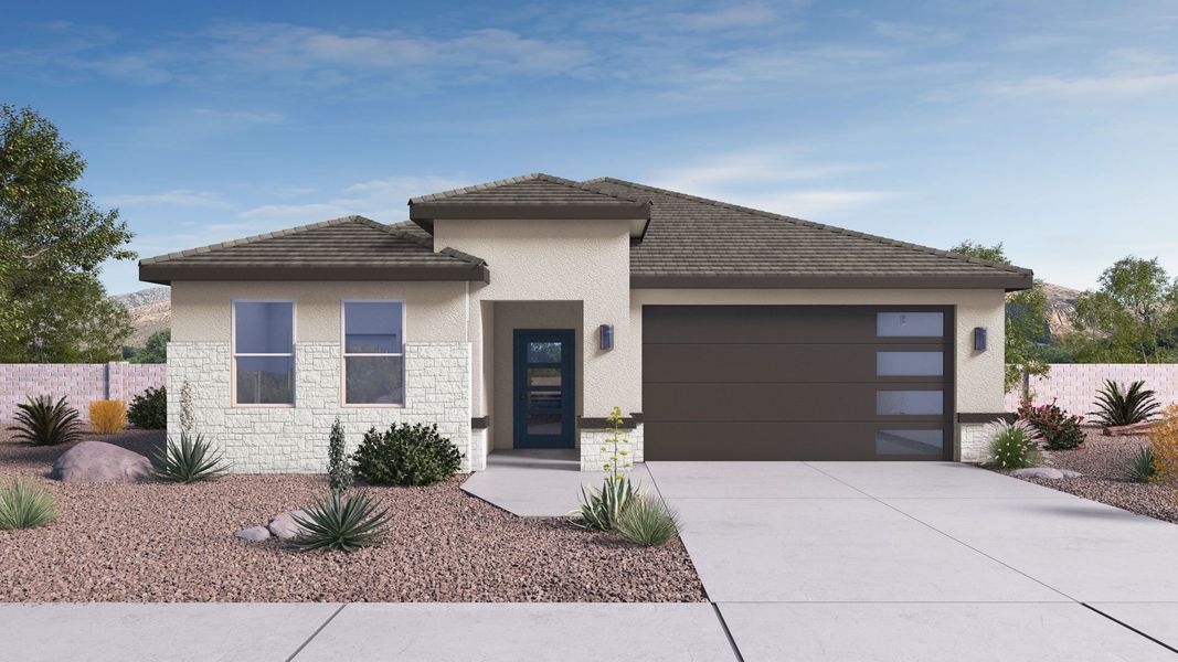 Front exterior of a new home in The Ridge at Stone Butte, Phoenix, AZ, highlighting curb appeal (Image 1). Front exterior of a new home in The Ridge at Stone Butte, Phoenix, AZ, highlighting curb appeal (Image 1).