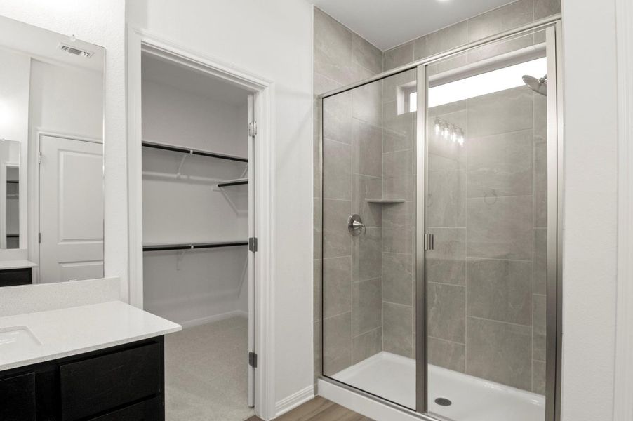 Bathroom featuring a spacious closet, vanity, and a shower stall