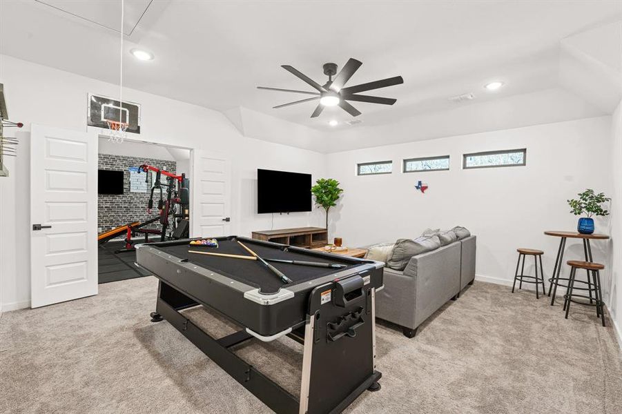 Game room with attic access, light colored carpet, billiards, ceiling fan, and recessed lighting