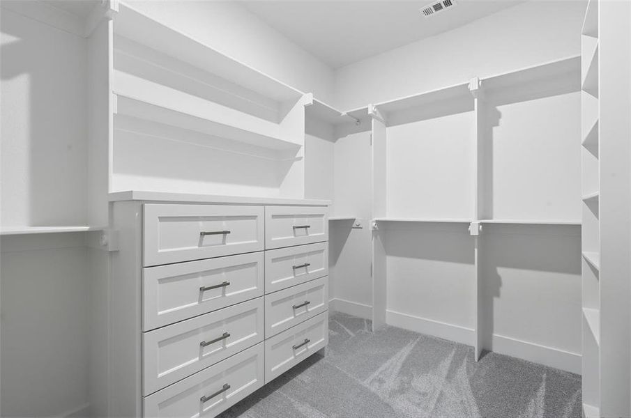 Walk in closet featuring light carpet Walk in closet featuring light carpet