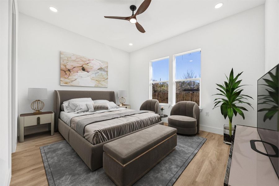 Primary bedroom, virtually staged.