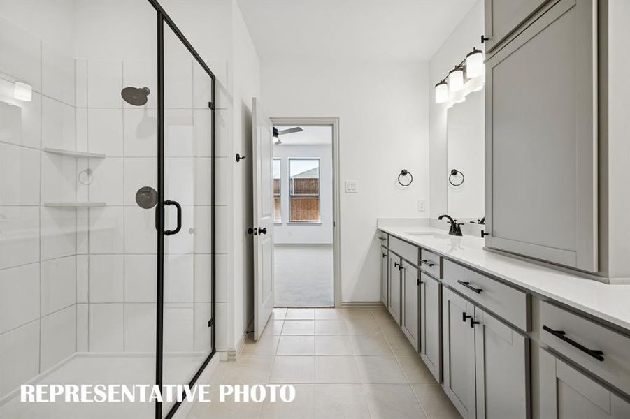 Offering a spacious walk in shower, you'll enjoy plenty of long, luxurious showers in this over the top owner's bath!  REPRESENTATIVE PHOTO