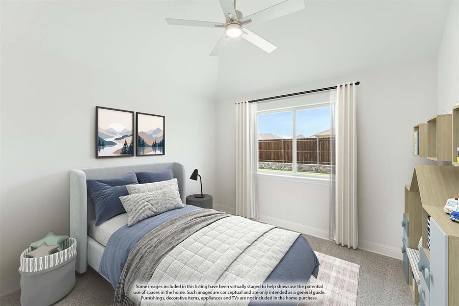 Bedroom with vaulted ceiling, ceiling fan, carpet flooring, and a window with white curtains Bedroom with vaulted ceiling, ceiling fan, carpet flooring, and a window with white curtains