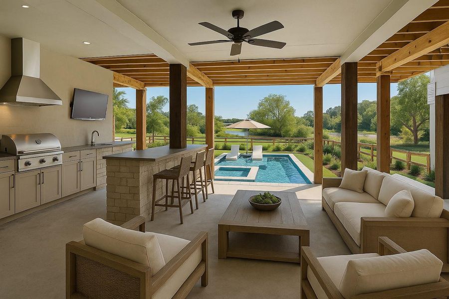 The garage offers not only room for cars and golf carts but it also allows for amazing outdoor kitchen options and comfortable covered patio spaces. This is a rendering but imagine what you can do with this space! The garage offers not only room for cars and golf carts but it also allows for amazing outdoor kitchen options and comfortable covered patio spaces. This is a rendering but imagine what you can do with this space!