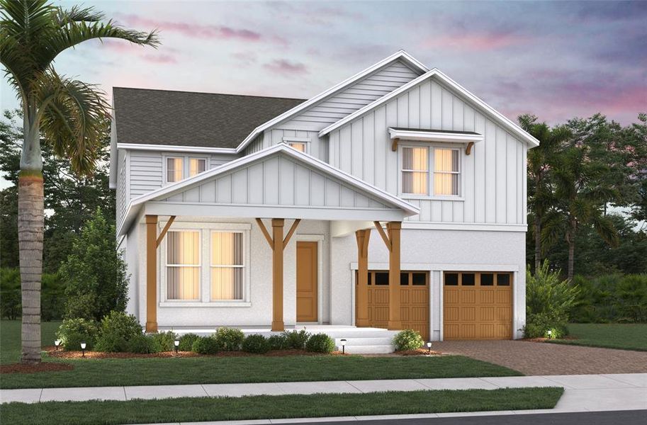 Front exterior of a new home in Vintner Reserve, Clermont, FL, highlighting curb appeal (Image 1).