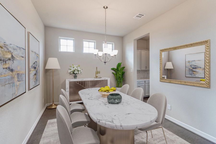 Formal dining room. Note: Sample product photo. Actual exterior and interior selections may vary by homesite. Photo may be virtually staged