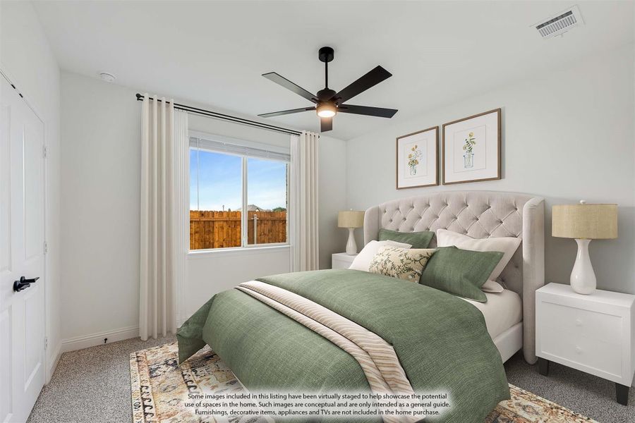 Bedroom with tufted upholstered headboard, ceiling fan, white walls, and a window with curtains