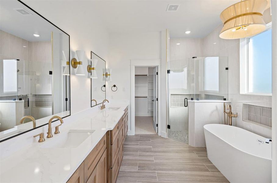 Bathroom with plus walk in shower, vanity, and hardwood / wood-style flooring