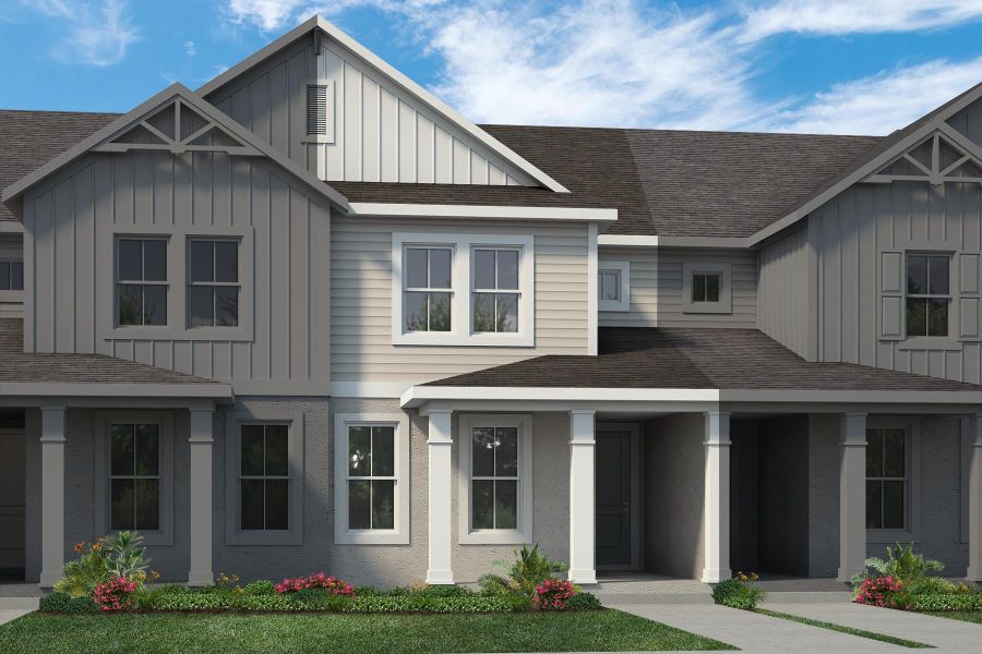 Representative exterior photo of a completed home built from the Newton by Rockwell Homes in Harvest at Ovation - Townhomes, Winter Garden, FL (Image 37). Representative exterior photo of a completed home built from the Newton by Rockwell Homes in Harvest at Ovation - Townhomes, Winter Garden, FL (Image 37).