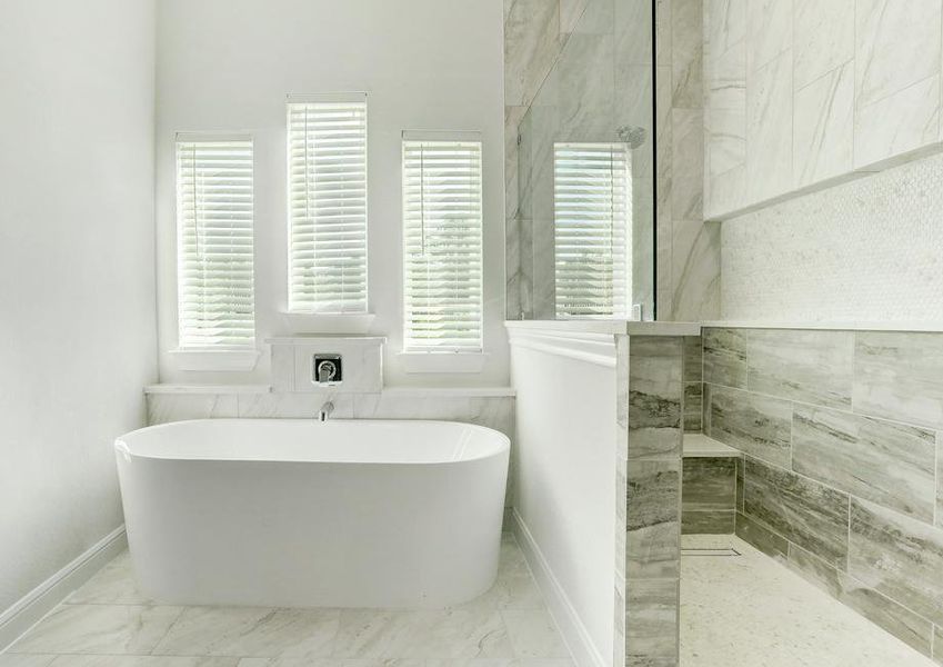 The master bath has a spacious tile-lined shower and a freestanding tub.