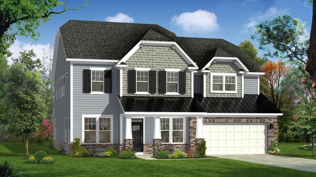 Representative exterior photo of a completed home built from the Stonehaven by DRB Homes in Michaux Gardens, Belmont, NC (Image 6). Representative exterior photo of a completed home built from the Stonehaven by DRB Homes in Michaux Gardens, Belmont, NC (Image 6).