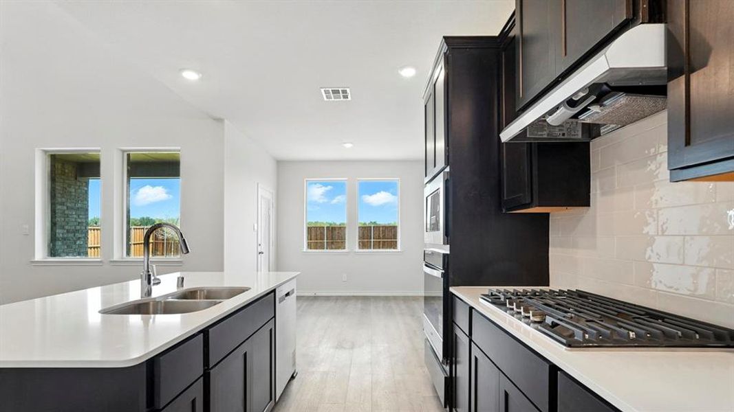 Kitchen with dark cabinetry, light wood finished floors, backsplash, stainless steel appliances, and recessed lighting