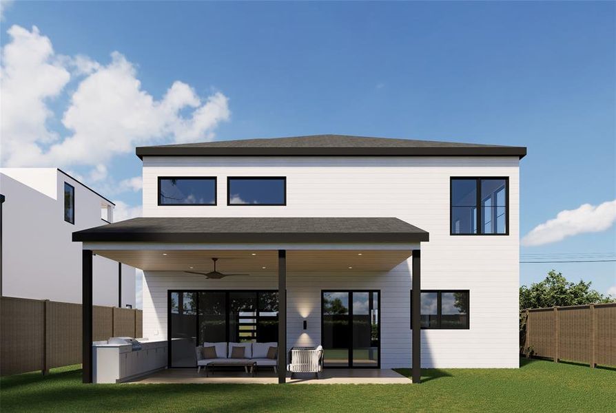 Modern rear exterior with a covered patio featuring an outdoor kitchen, ceiling fan, and recessed lighting Modern rear exterior with a covered patio featuring an outdoor kitchen, ceiling fan, and recessed lighting