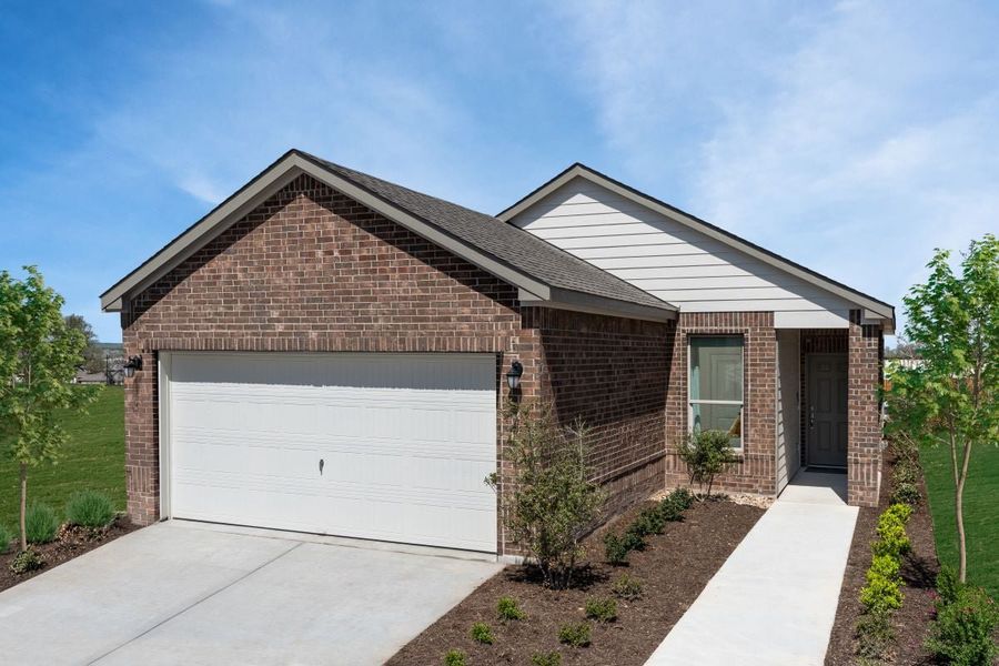Representative exterior photo of a completed home built from the Plan 1360 Modeled by KB Home in Creekside at Estancia, Austin, TX (Image 11). Representative exterior photo of a completed home built from the Plan 1360 Modeled by KB Home in Creekside at Estancia, Austin, TX (Image 11).