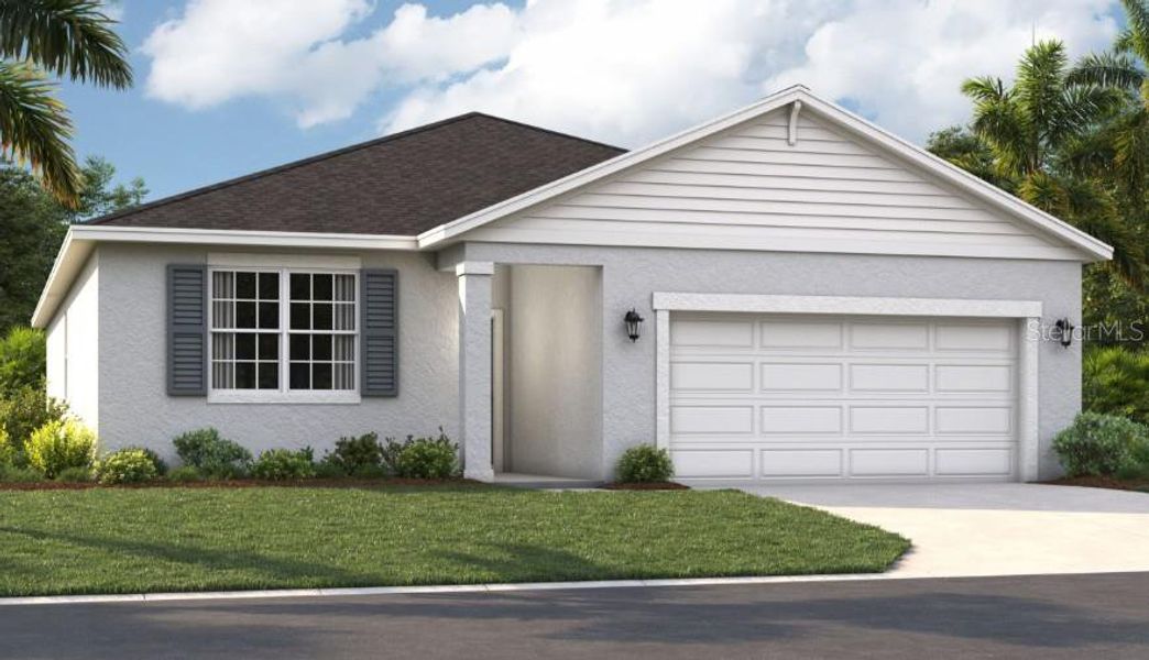 Front exterior of a new home in Sunset Lakes Estates, Mascotte, FL, highlighting curb appeal (Image 1).
