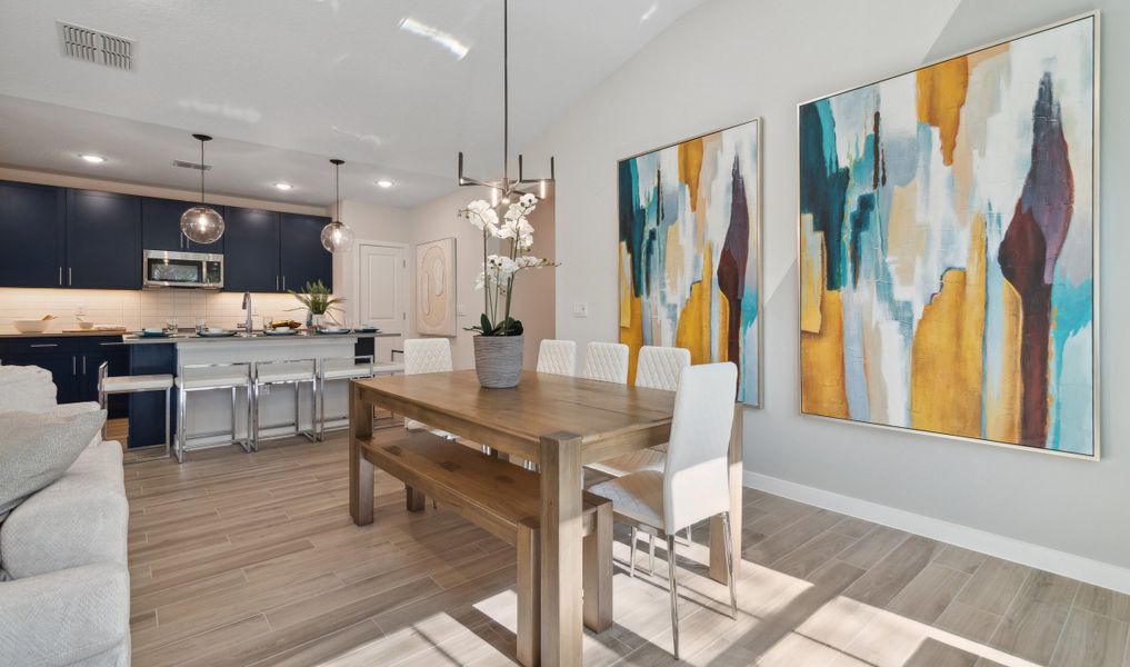 Dining area with chic chandelier