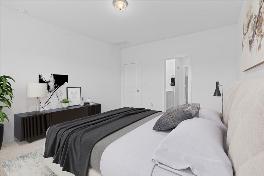 Another angle of the spacious primary bedroom highlights its clean lines, generous layout, and direct access to the luxurious en-suite bath—designed for both relaxation and comfort. *Virtually Staged* **Image Representative of Plan Only and May Vary as Built**.