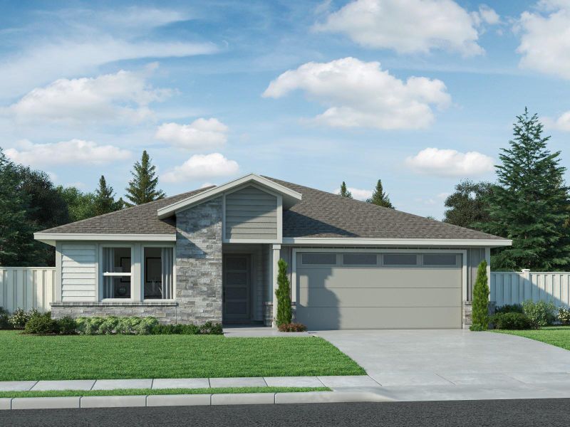 Single story home featuring a garage, stone siding, driveway, and a shingled roof Single story home featuring a garage, stone siding, driveway, and a shingled roof