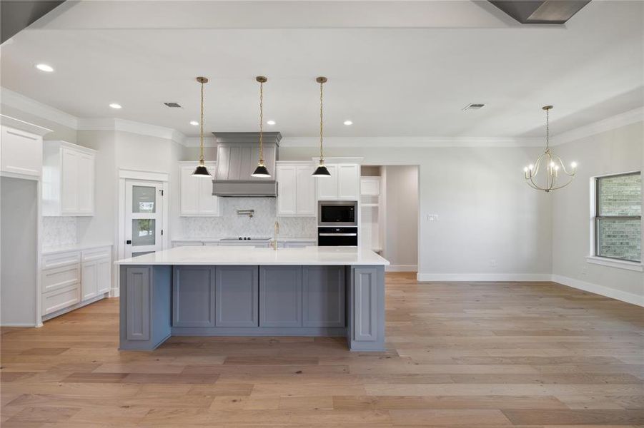 Kitchen featuring decorative backsplash, premium range hood, and white cabinets