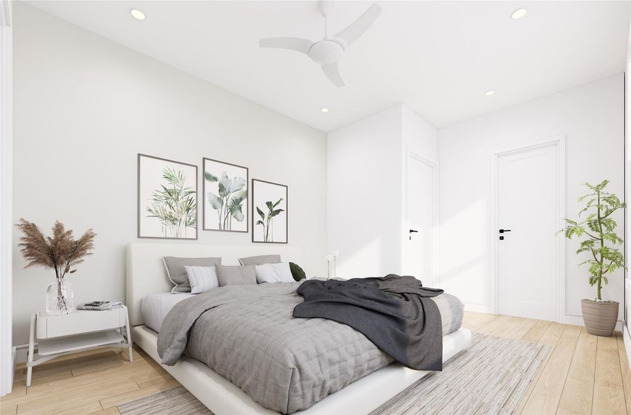 Bright, modern primary bedroom with a minimalist design. Remote operated ceiling fans, recessed lighting, and light wood flooring complete this primary suite. Bright, modern primary bedroom with a minimalist design. Remote operated ceiling fans, recessed lighting, and light wood flooring complete this primary suite.
