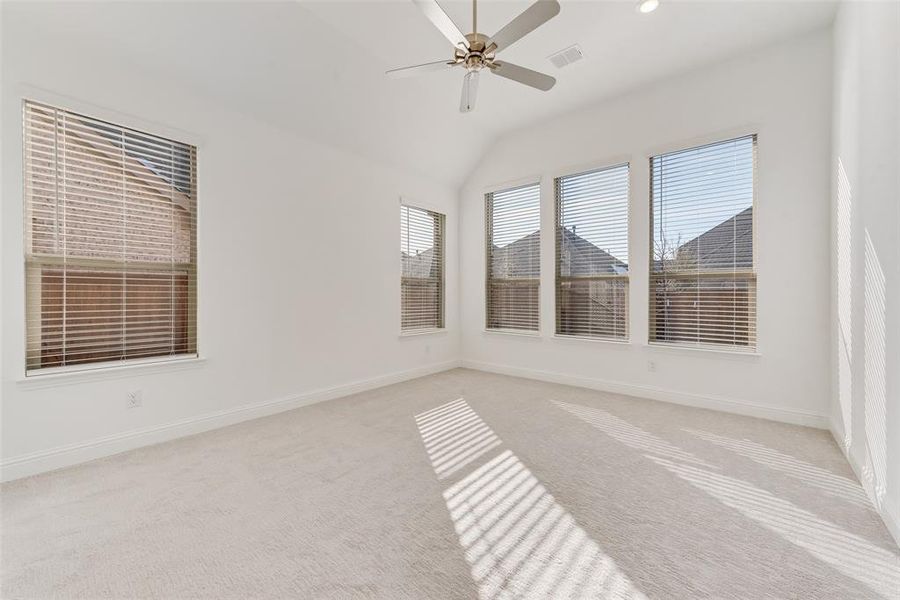 Carpeted spare room with ceiling fan, vaulted ceiling, and a healthy amount of sunlight