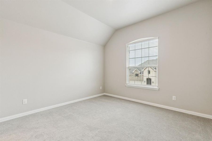 Unfurnished room featuring carpet floors and lofted ceiling