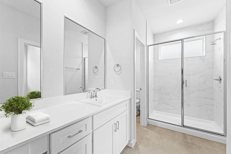 Primary bathroom, single sink, additional counter space, stand up shower only