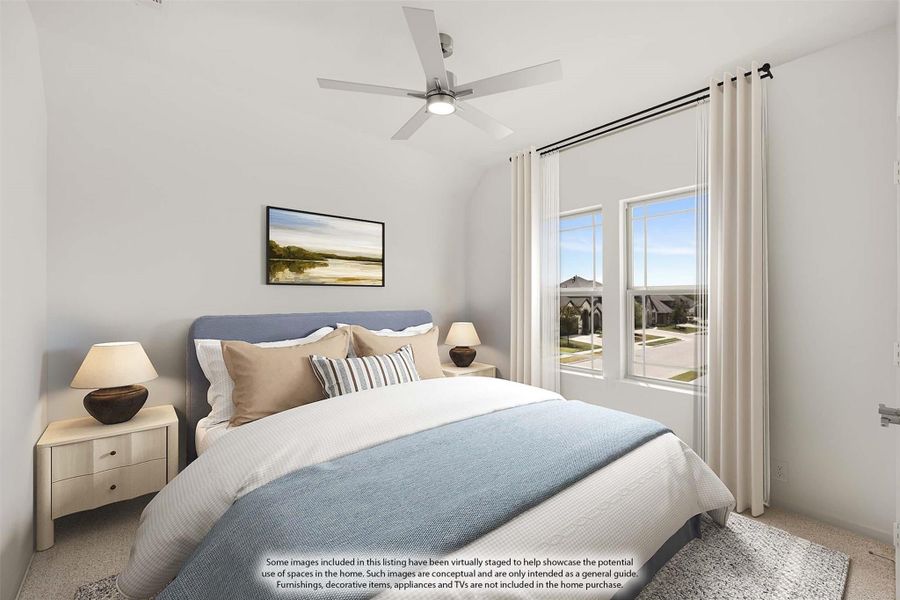 Bedroom with vaulted ceiling, ceiling fan, large windows, and carpet flooring